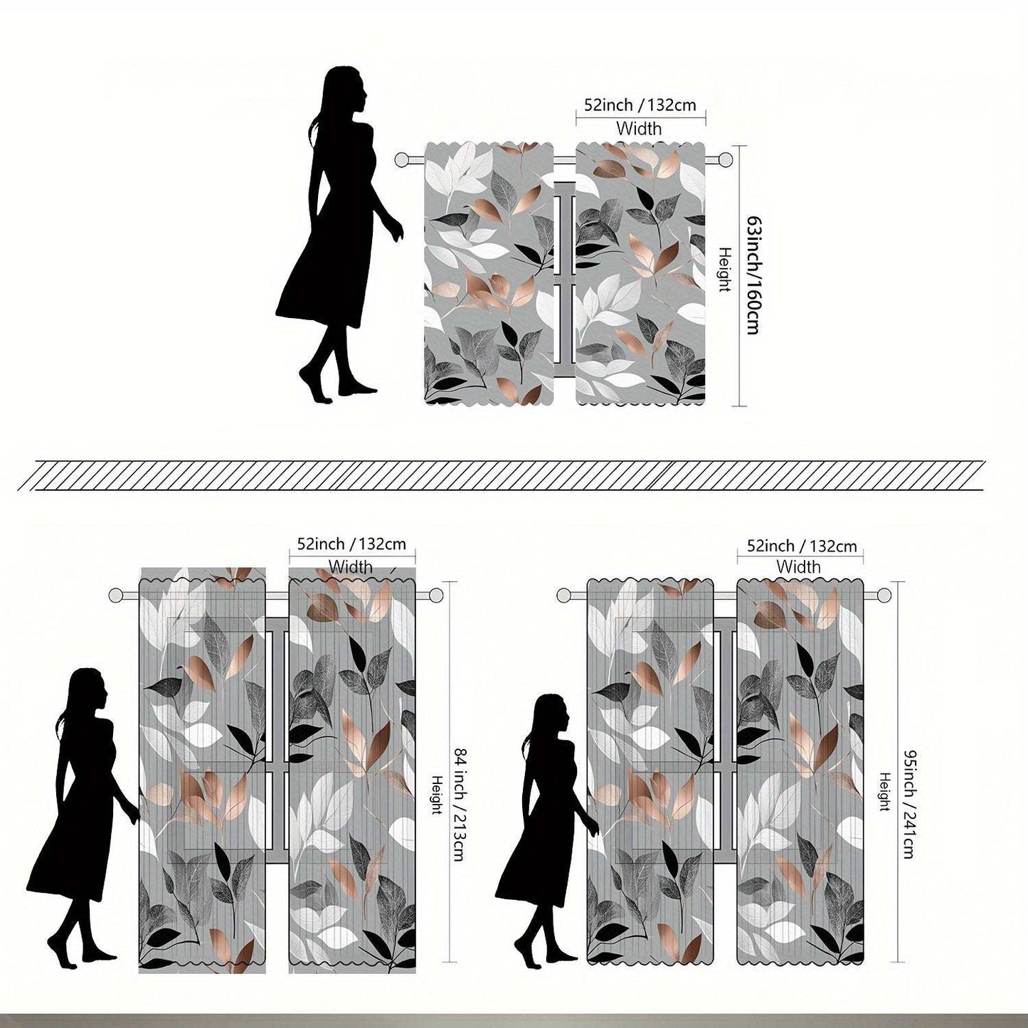 Light Gray Curtains with Colorful Leaf Print, Rod Pocket Design