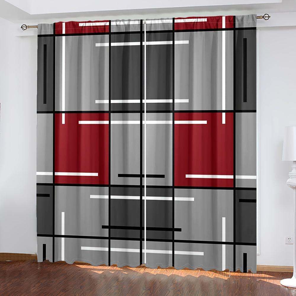2pcs Modern plaid curtains in red and grey