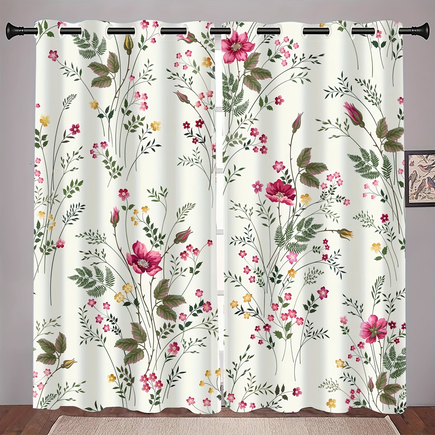 2pcs Spring Floral Green Plant Flower Digital Printing Living Room Curtains 100% Polyester
