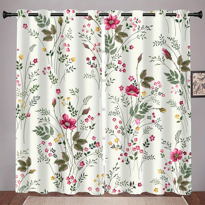 2pcs Spring Floral Green Plant Flower Digital Printing Living Room Curtains 100% Polyester