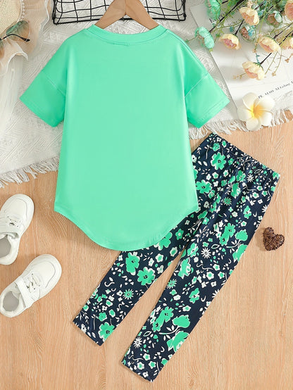 2 pcs Girls Party Outfit - Graphic Tee & Floral Leggings