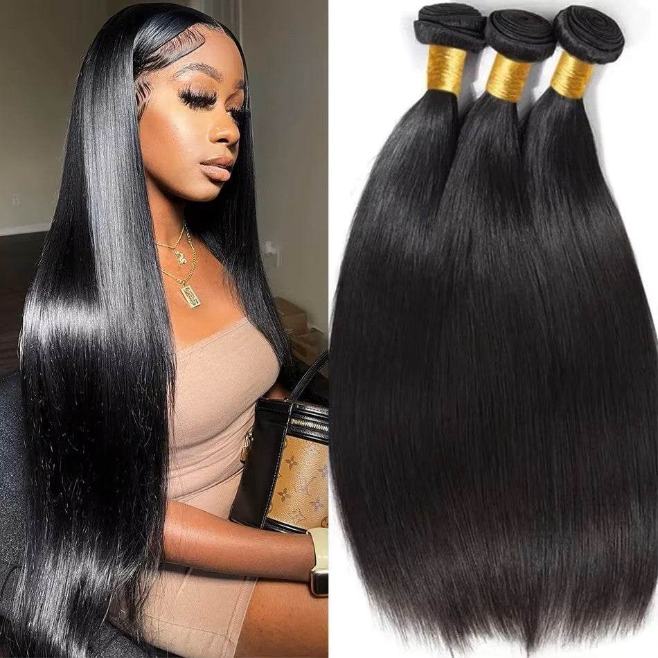 Brazilian Bone Straight Remy Human Hair, natural black, silky straight bundles.
