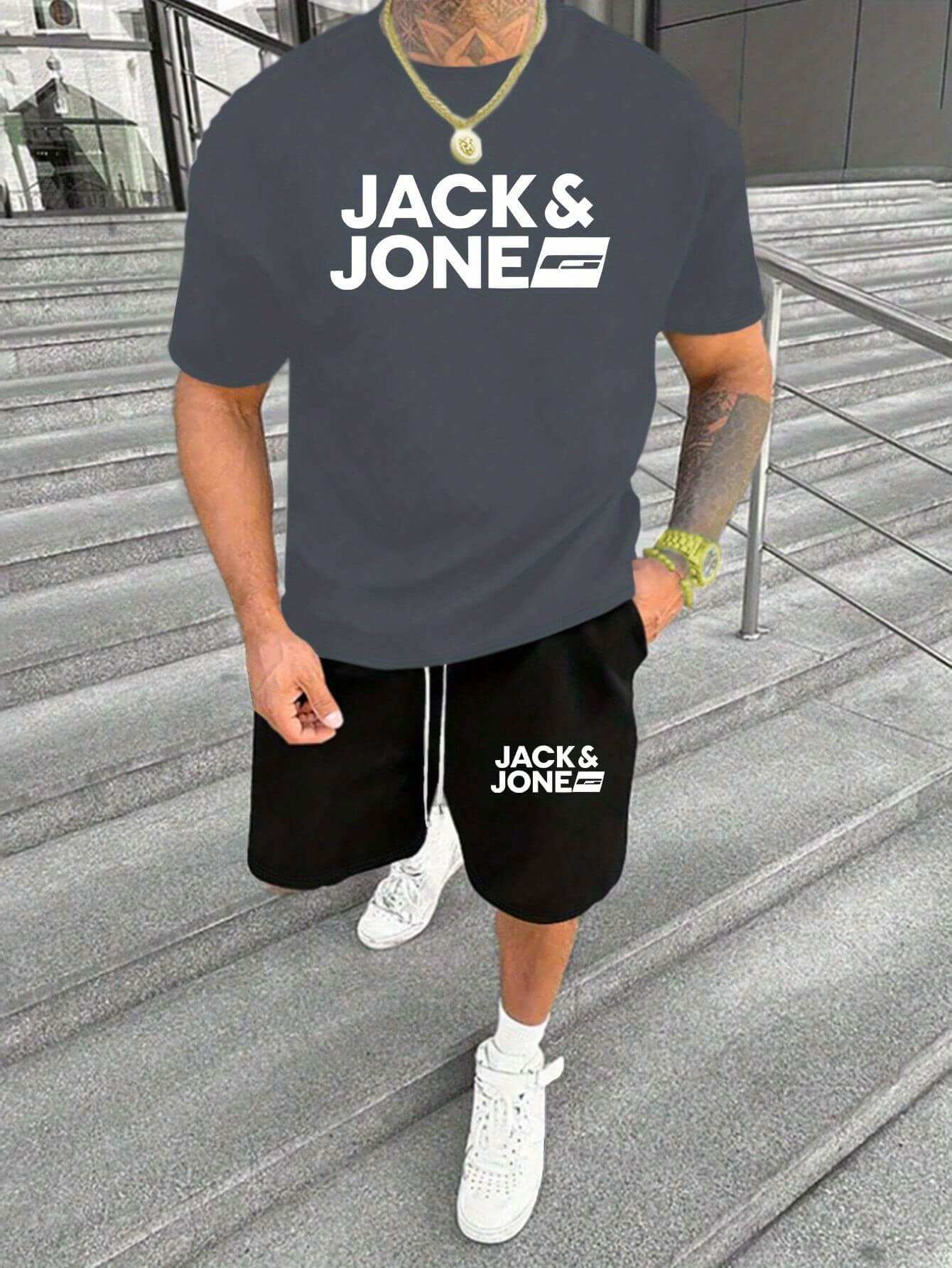 Men's Jack & Jones summer set featuring a stylish tee and shorts, casual and versatile design.