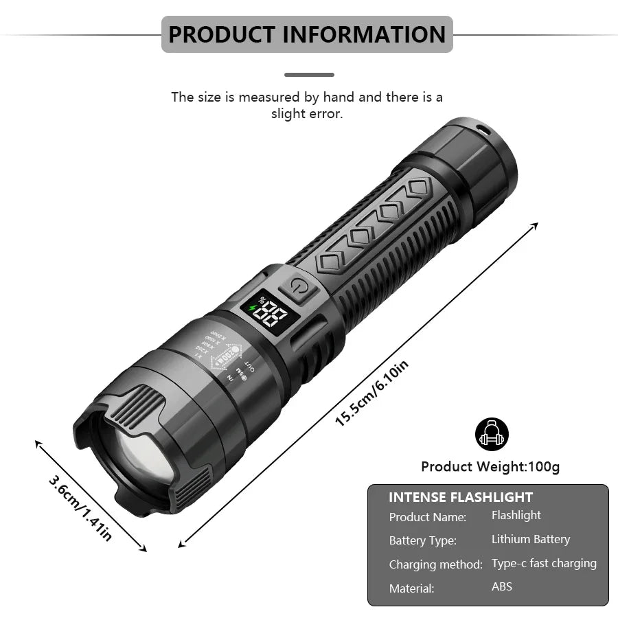 High Power 2000LM LED Flashlight Built-in Battery USB