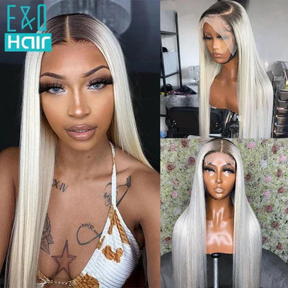 Ombre platinum blonde 13x4 lace front wig, Brazilian Remy human hair for black women, straight long style.