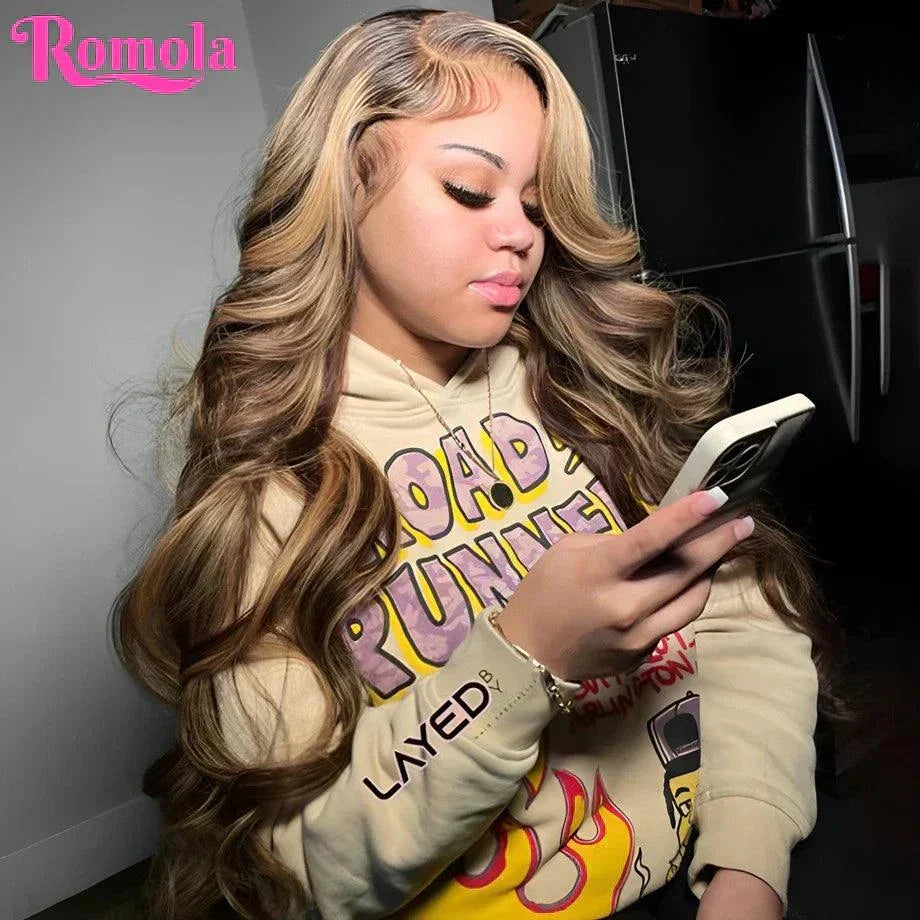 Light brown Brazilian human hair Swiss lace wig with highlight P4/27 color.