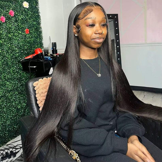 Swiss Lace Brazilian human hair wig on a person, showcasing long, sleek, straight hair with natural shine.
