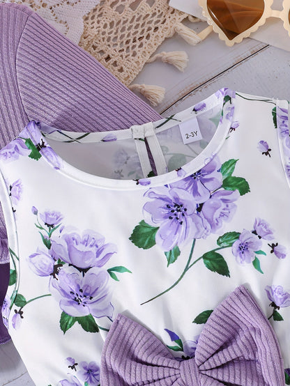 Girl Flower Print Vest Dress and Solid Jacket