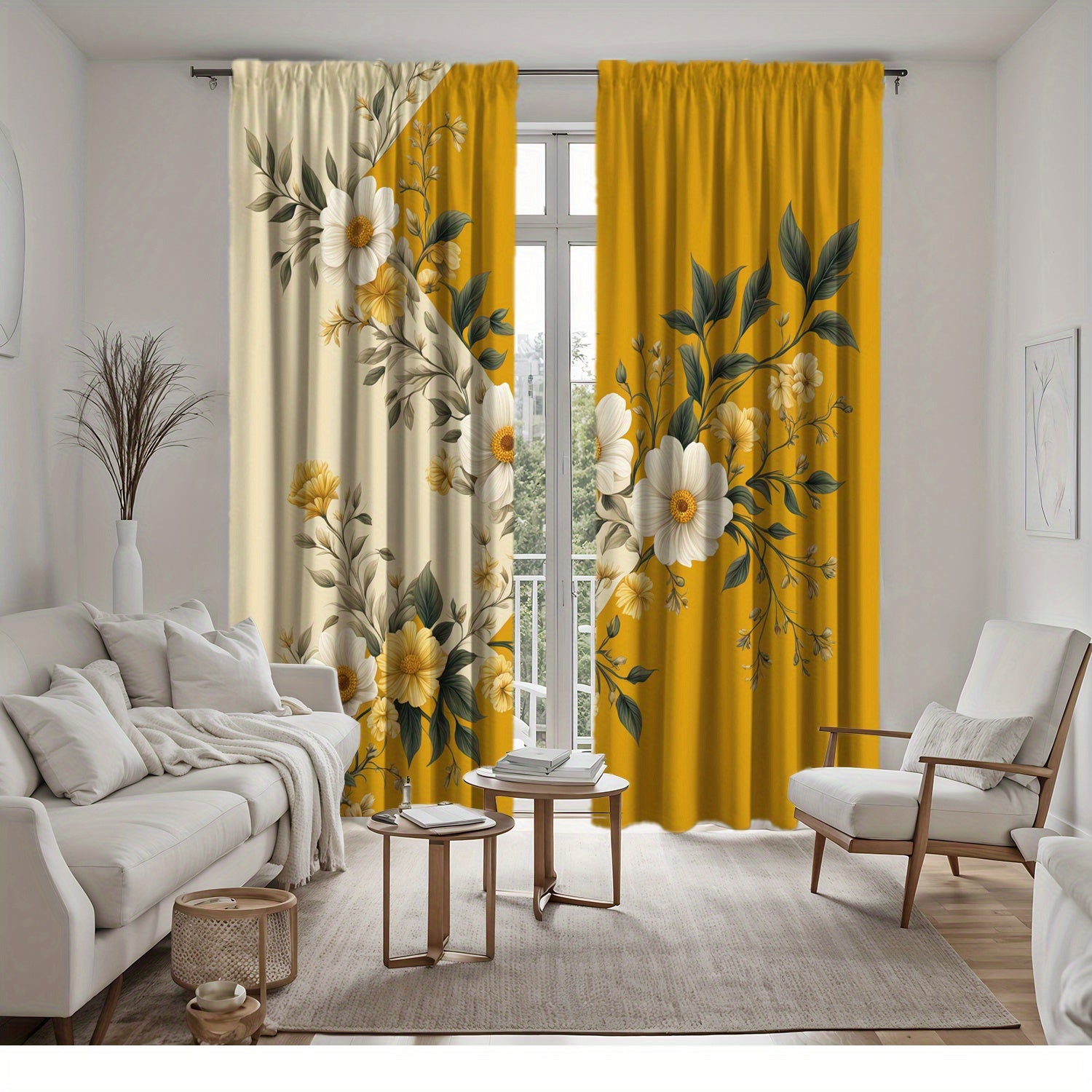 Yellow Floral Semi-Sheer Curtains, Washable, Rod Pocket, Unlined