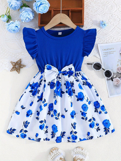Elegant Rose Print Ruffle Dress for Girls, Bow Waist and Outdoor