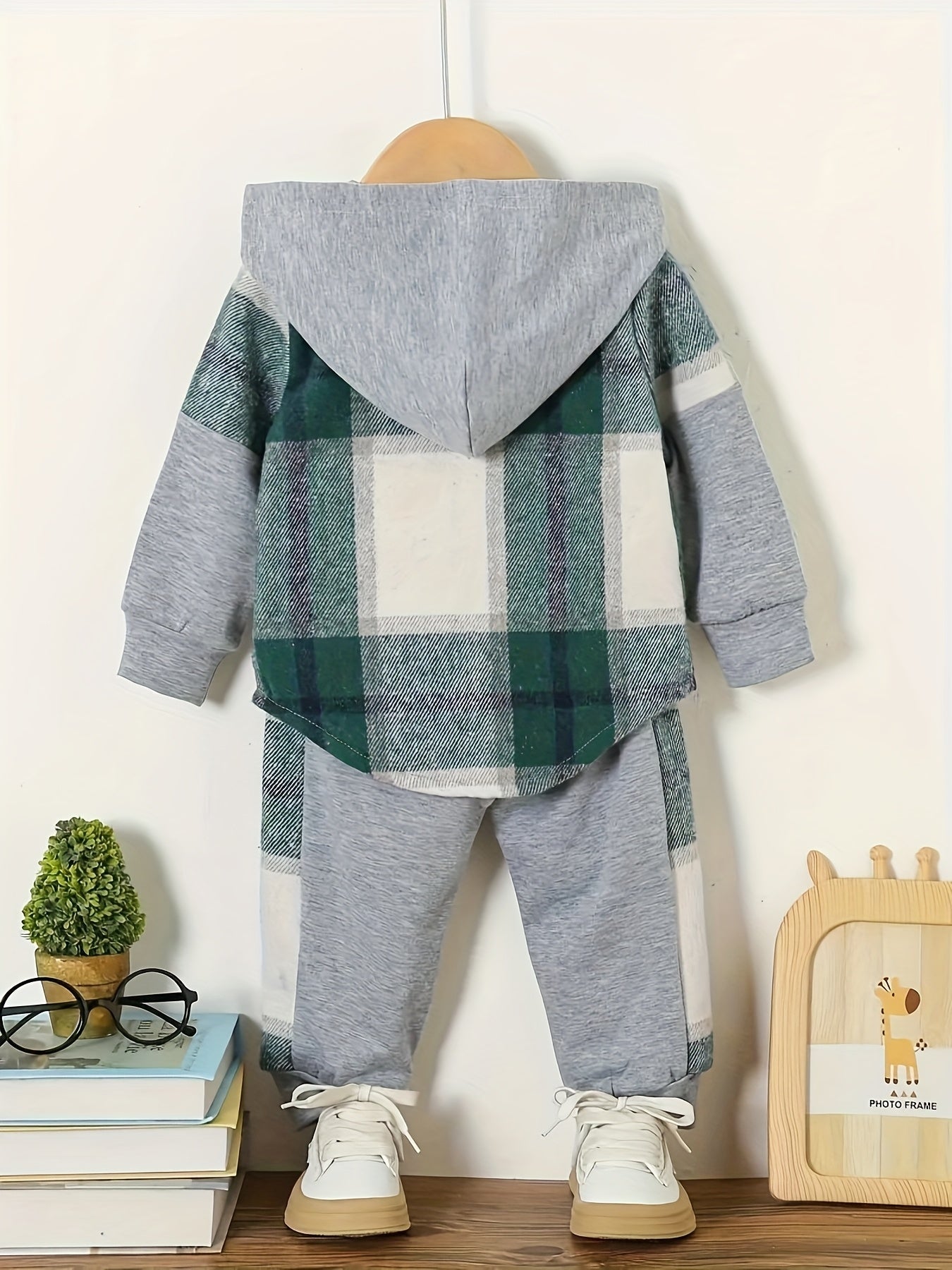 2 pcs Plaid Series Suit, Hooded Coat and Patchwork Pants Set