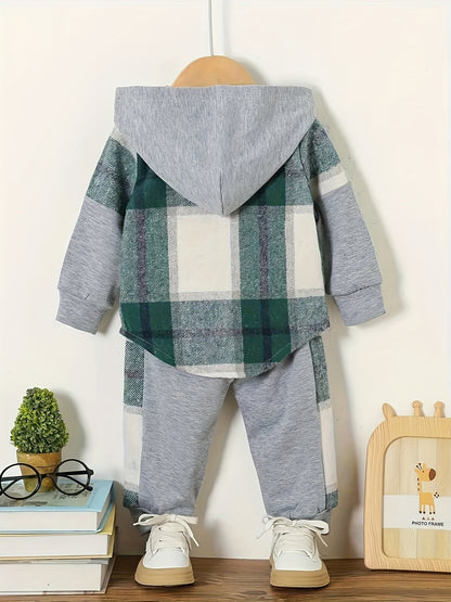 2 pcs Plaid Series Suit, Hooded Coat and Patchwork Pants Set