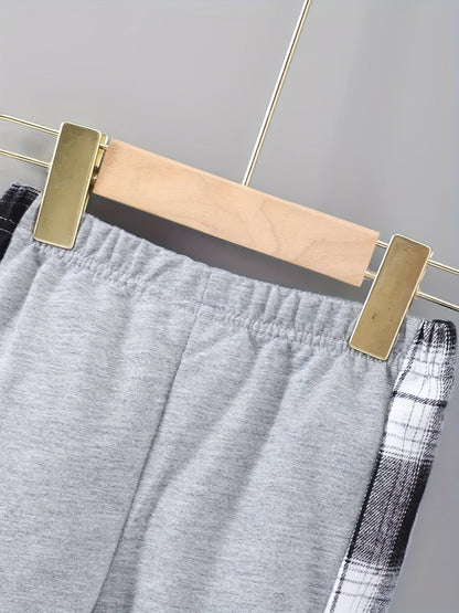 2 pcs Plaid Series Suit, Hooded Coat and Patchwork Pants Set