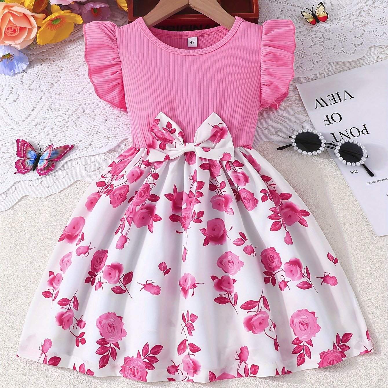 Elegant Rose Print Ruffle Dress for Girls, Bow Waist and Outdoor