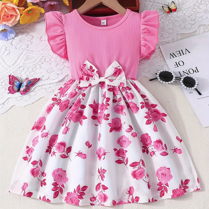 Elegant Rose Print Ruffle Dress for Girls, Bow Waist and Outdoor