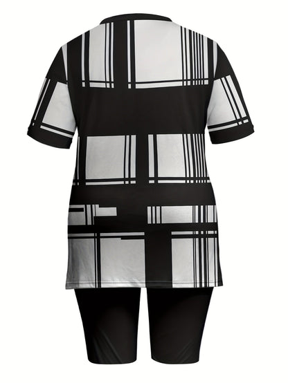 Women Plus Size Plaid Short Sleeve Set - Casual Style