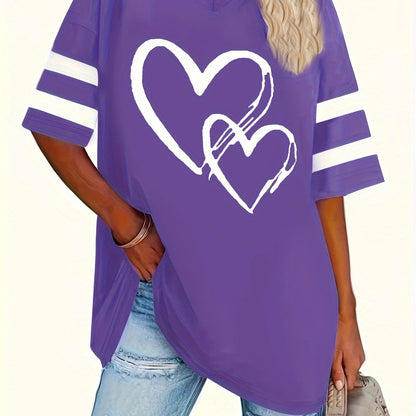 Plus-size V-neck tee with heart print design, purple knit fabric.