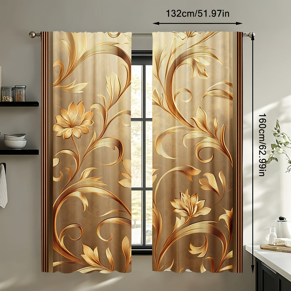 2pcs Elegant Golden Leaf Printed Curtains - Contemporary Floral Design, 100% Polyester