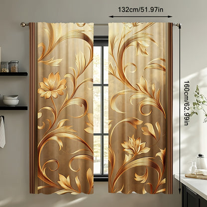 2pcs Elegant Golden Leaf Printed Curtains - Contemporary Floral Design, 100% Polyester
