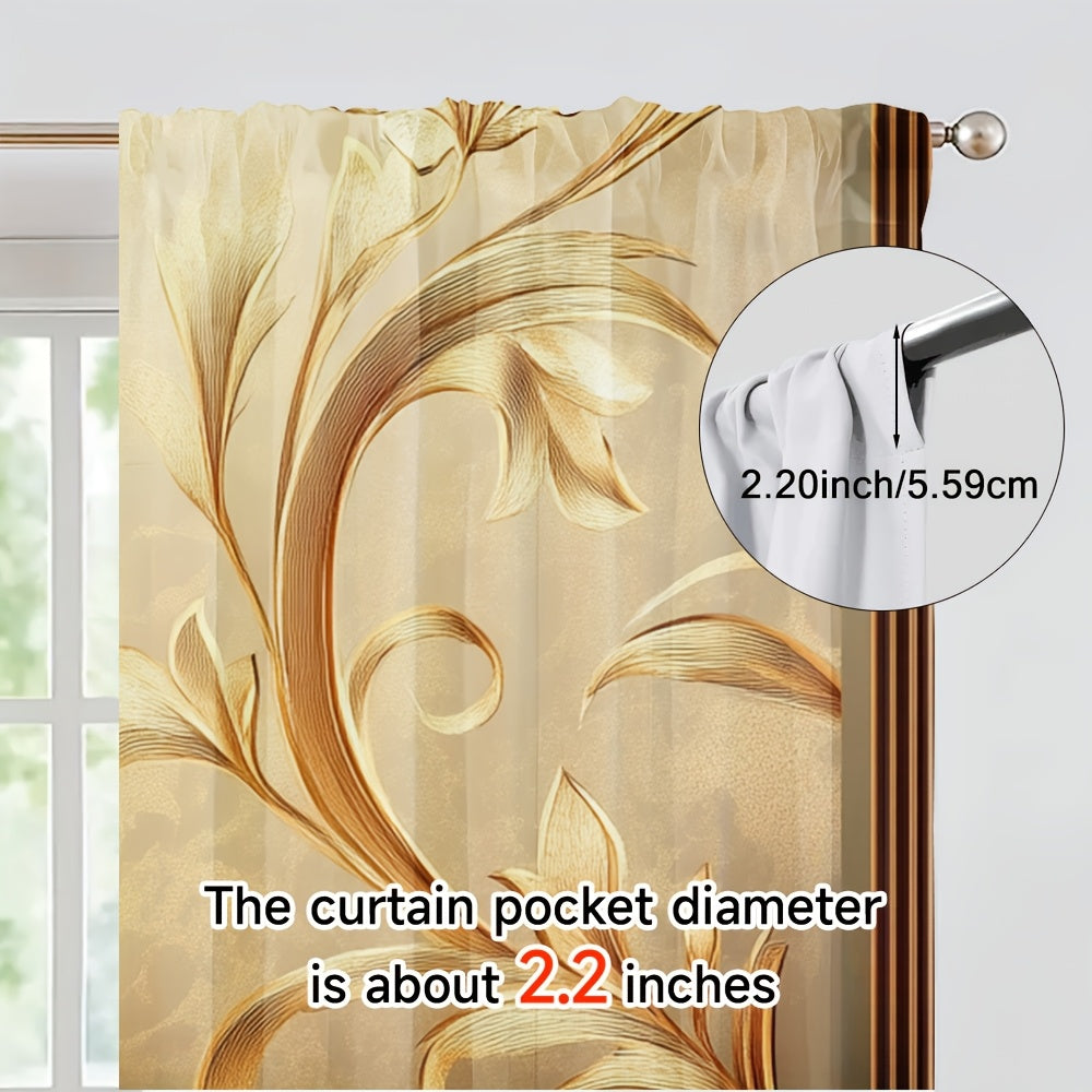 2pcs Elegant Golden Leaf Printed Curtains - Contemporary Floral Design, 100% Polyester