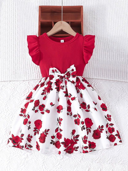 Elegant Rose Print Ruffle Dress for Girls, Bow Waist and Outdoor