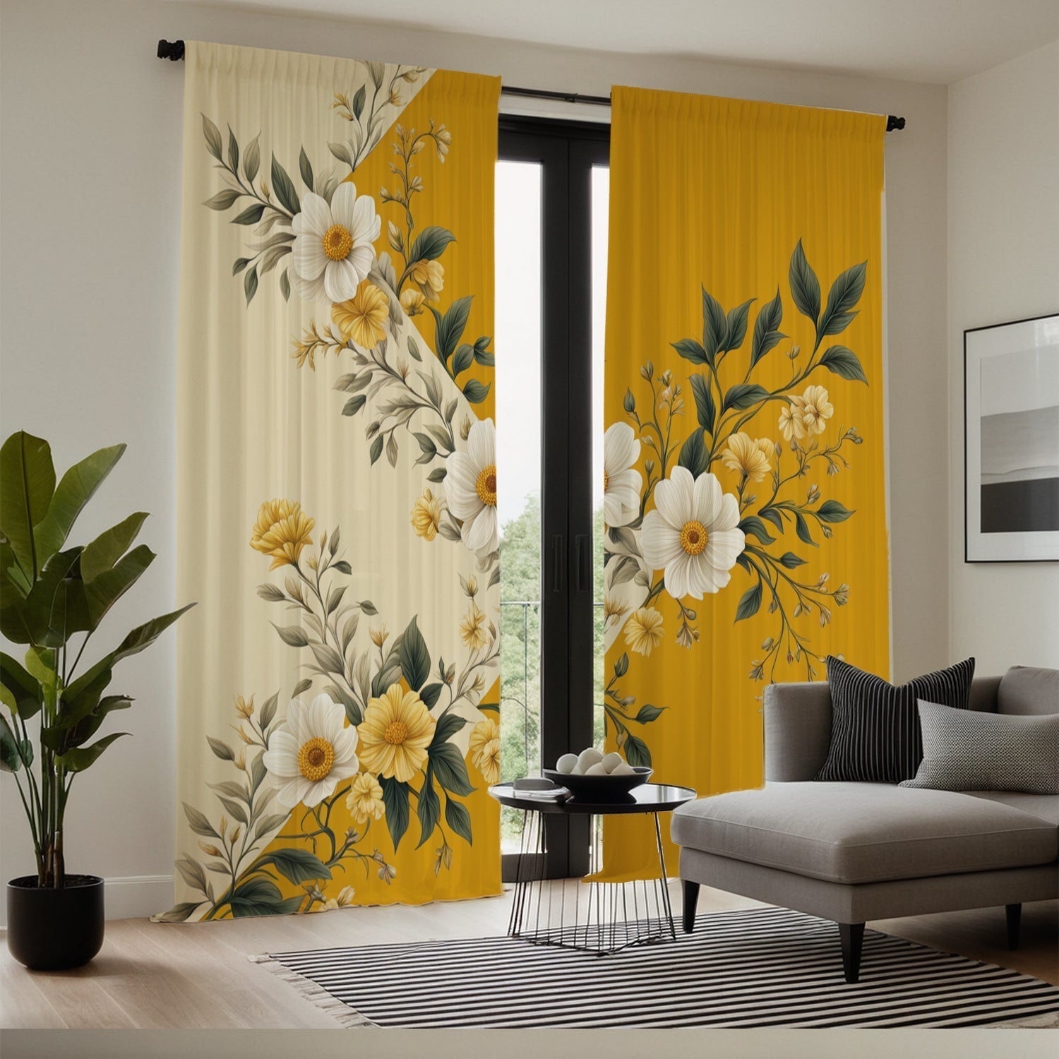 Yellow Floral Semi-Sheer Curtains, Washable, Rod Pocket, Unlined