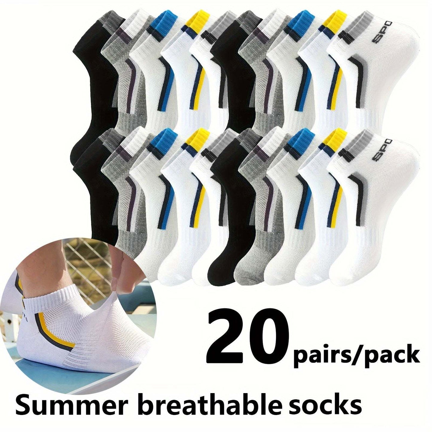 Men Short Socks - 10/20/30 Pairs, Thin, Breathable, 100% Polyester