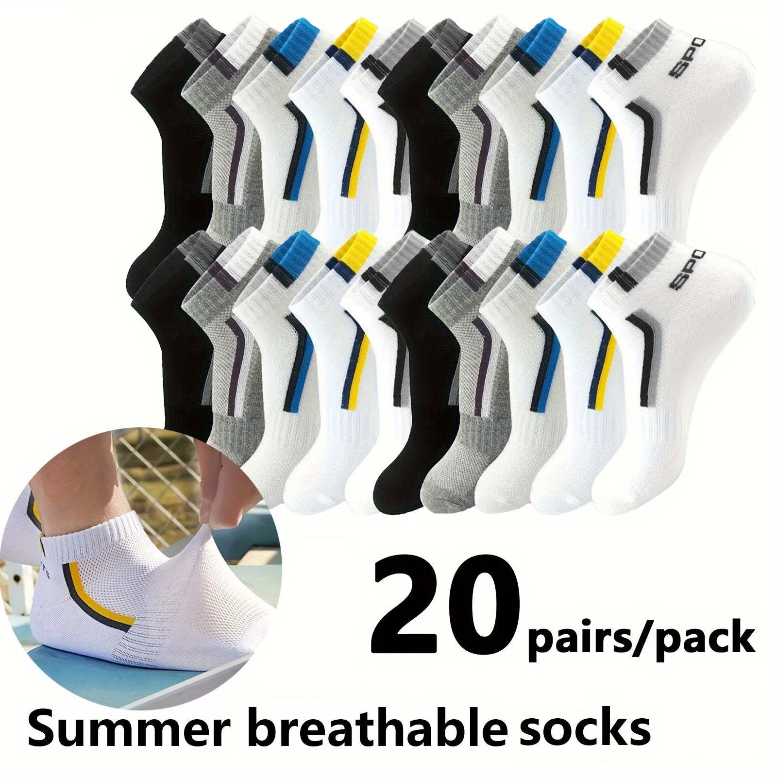 Men Short Socks - 10/20/30 Pairs, Thin, Breathable, 100% Polyester