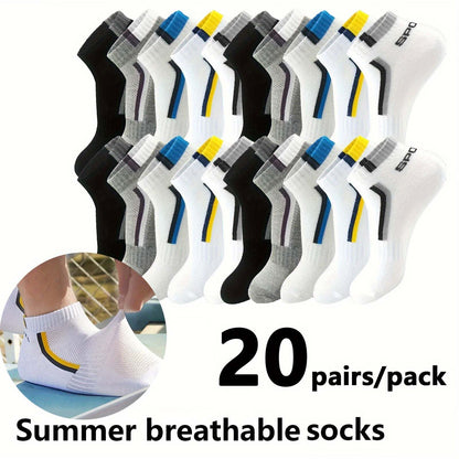 Men Short Socks - 10/20/30 Pairs, Thin, Breathable, 100% Polyester