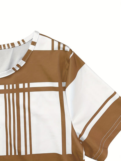 New Summer Elegant Women T-shirt with Black Plaid Print