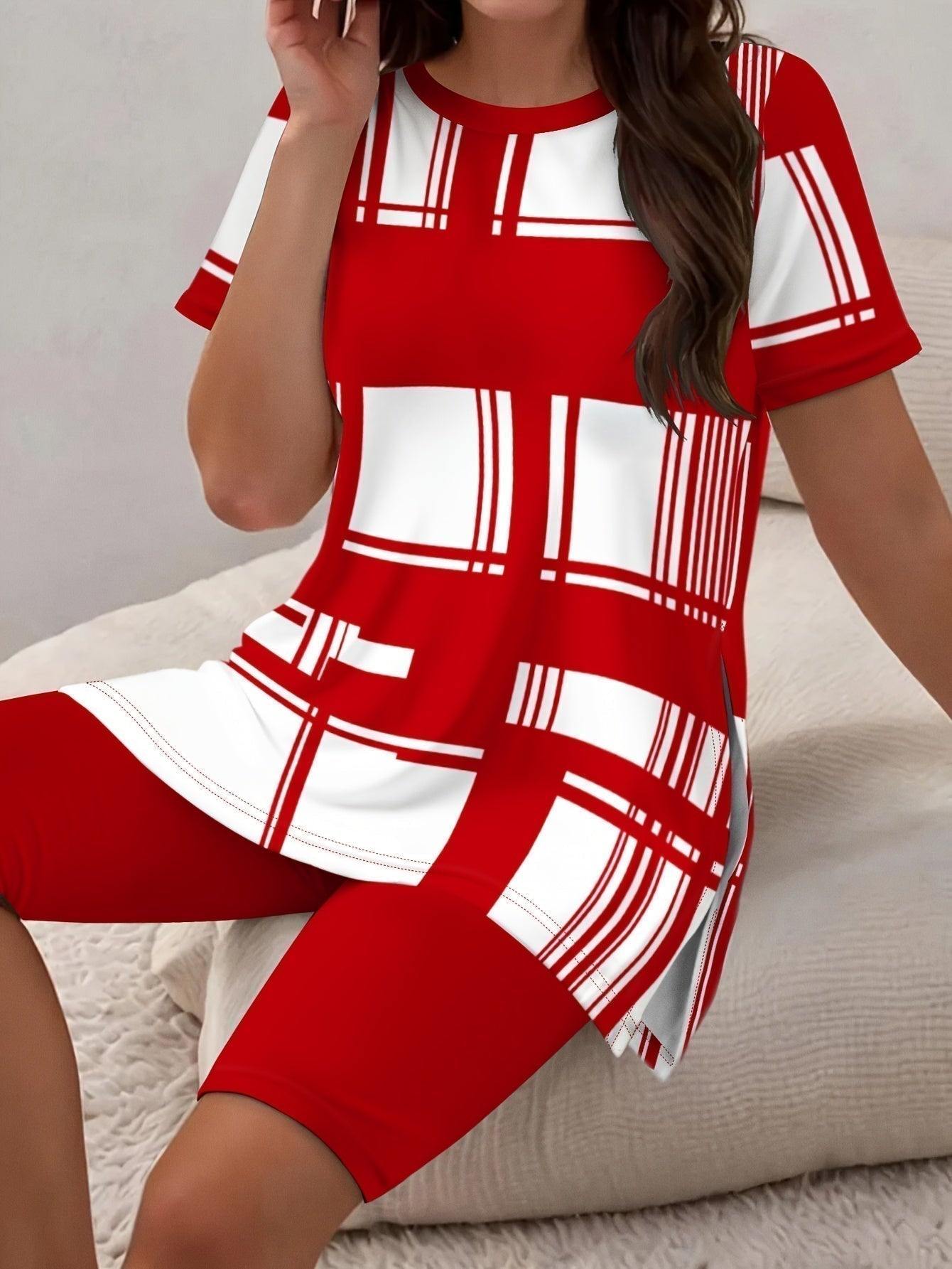 Women Plus Size Plaid Short Sleeve Set - Casual Style