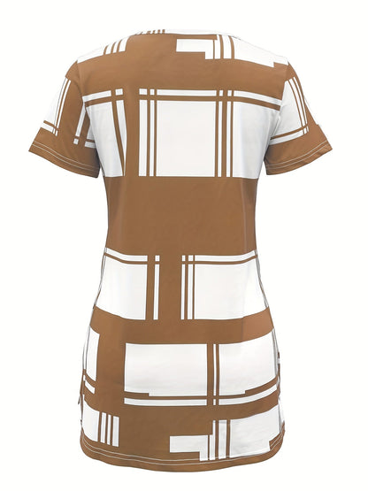 New Summer Elegant Women T-shirt with Black Plaid Print