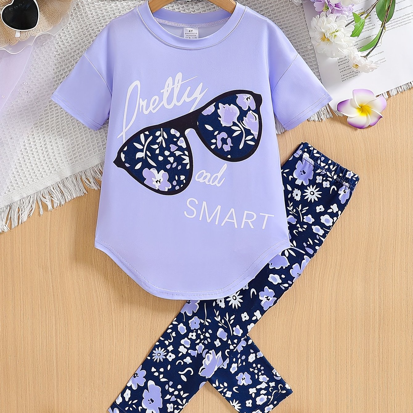 2 pcs Girls Party Outfit - Graphic Tee & Floral Leggings