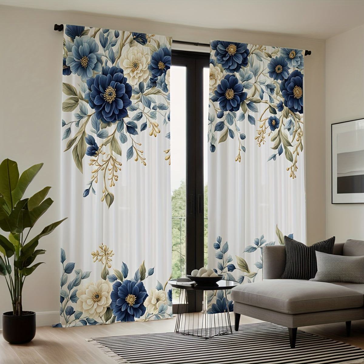 White Curtains with Blue Flowers