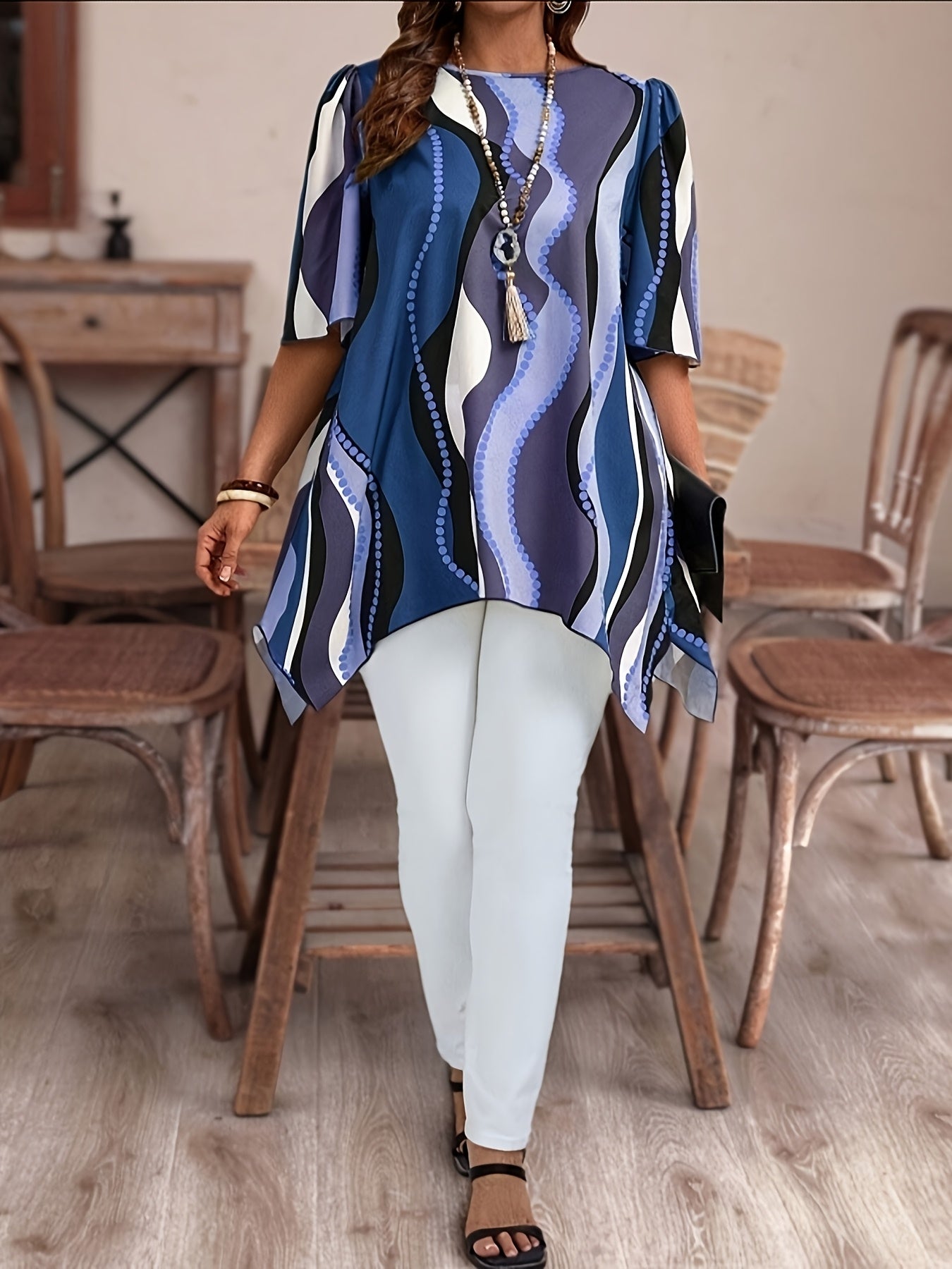 Women Black and White Abstract Print Top - Casualwear