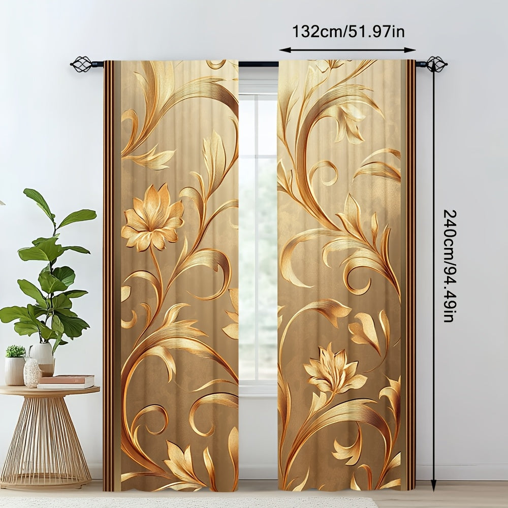 2pcs Elegant Golden Leaf Printed Curtains - Contemporary Floral Design, 100% Polyester