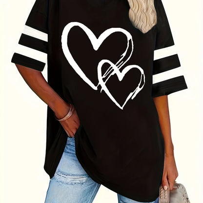 Plus-size heart-print V-neck tee with casual style and slight stretch fabric.