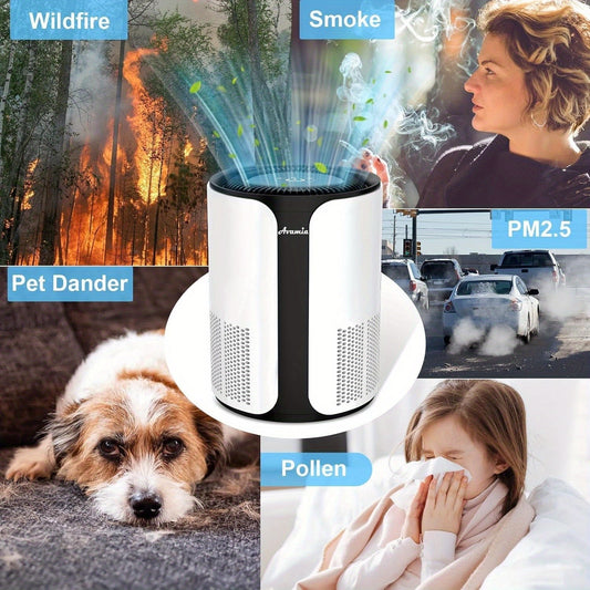 H14 HEPA Air Purifier with 360° inlet combating smoke, dust, pet dander, and allergens.