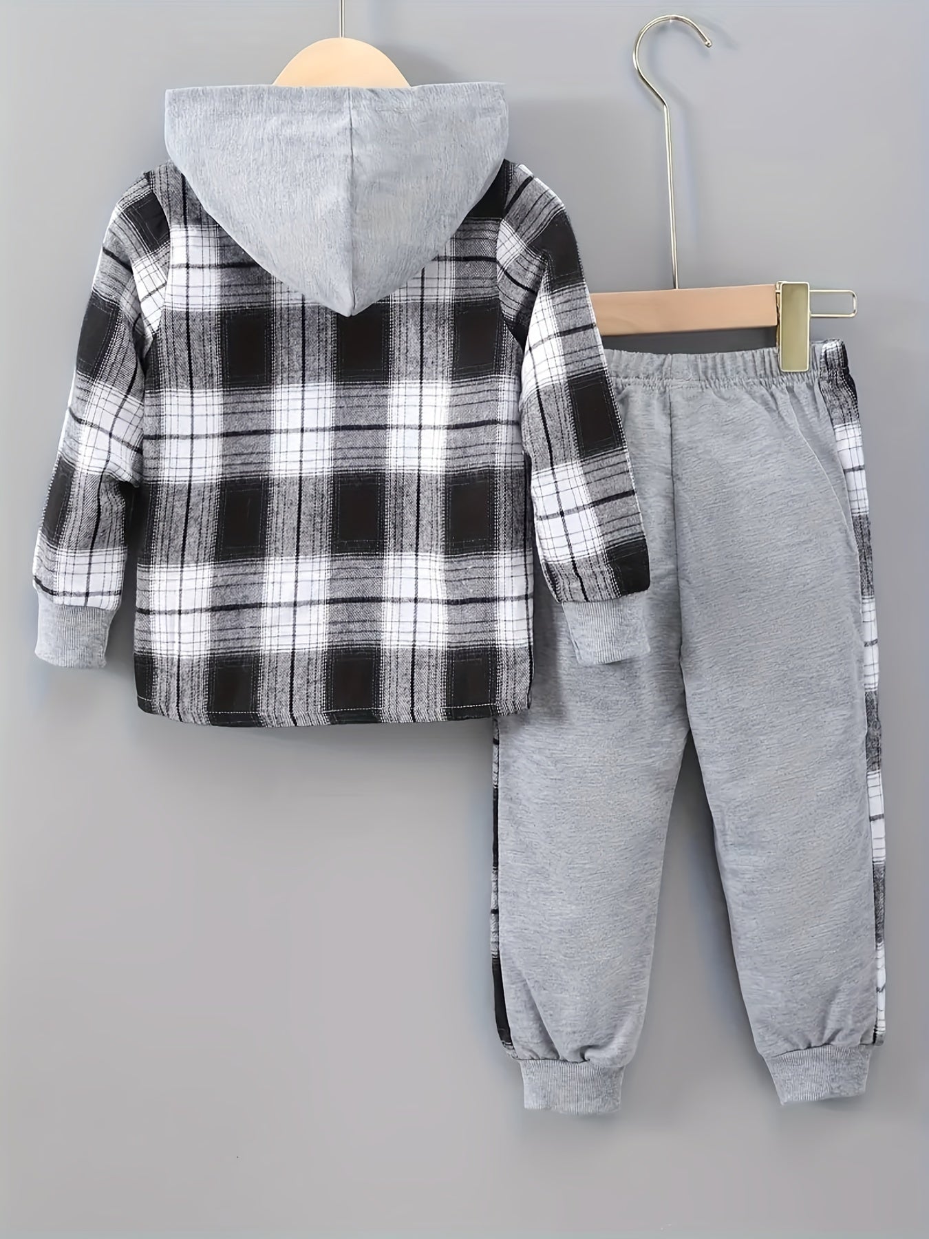 2 pcs Plaid Series Suit, Hooded Coat and Patchwork Pants Set