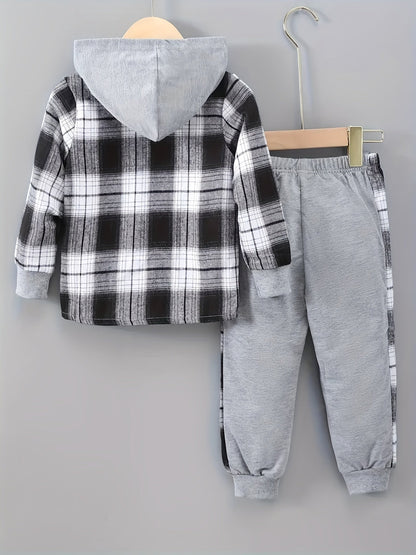 2 pcs Plaid Series Suit, Hooded Coat and Patchwork Pants Set