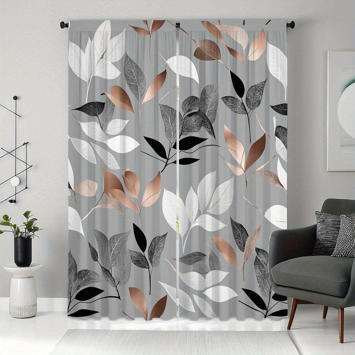 Light Gray Curtains with Colorful Leaf Print, Rod Pocket Design