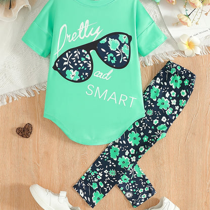 2 pcs Girls Party Outfit - Graphic Tee & Floral Leggings