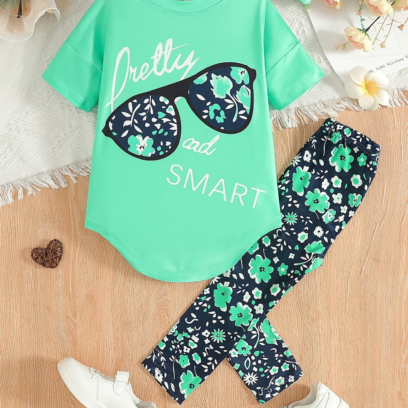 2 pcs Girls Party Outfit - Graphic Tee & Floral Leggings