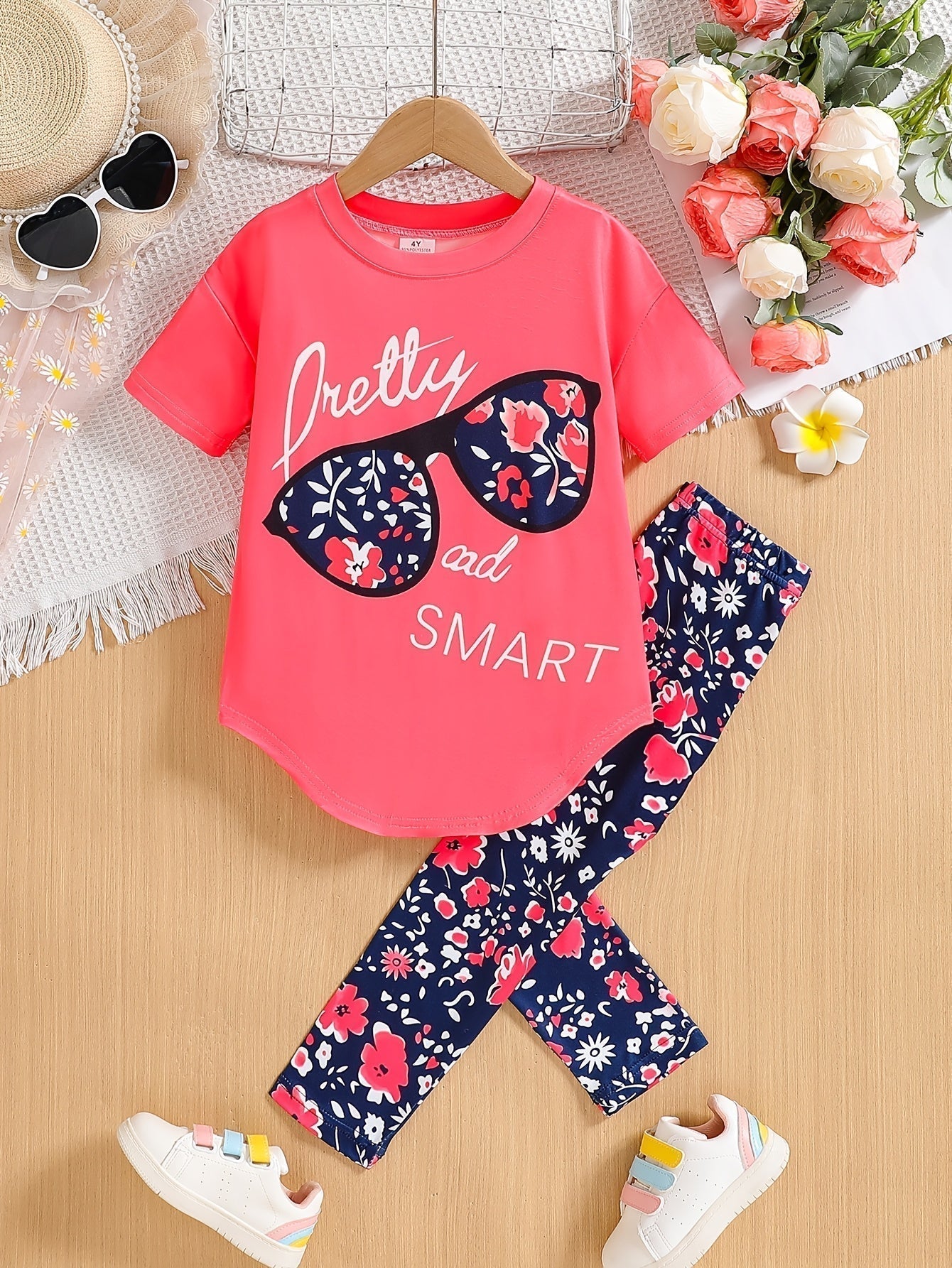 2 pcs Girls Party Outfit - Graphic Tee & Floral Leggings
