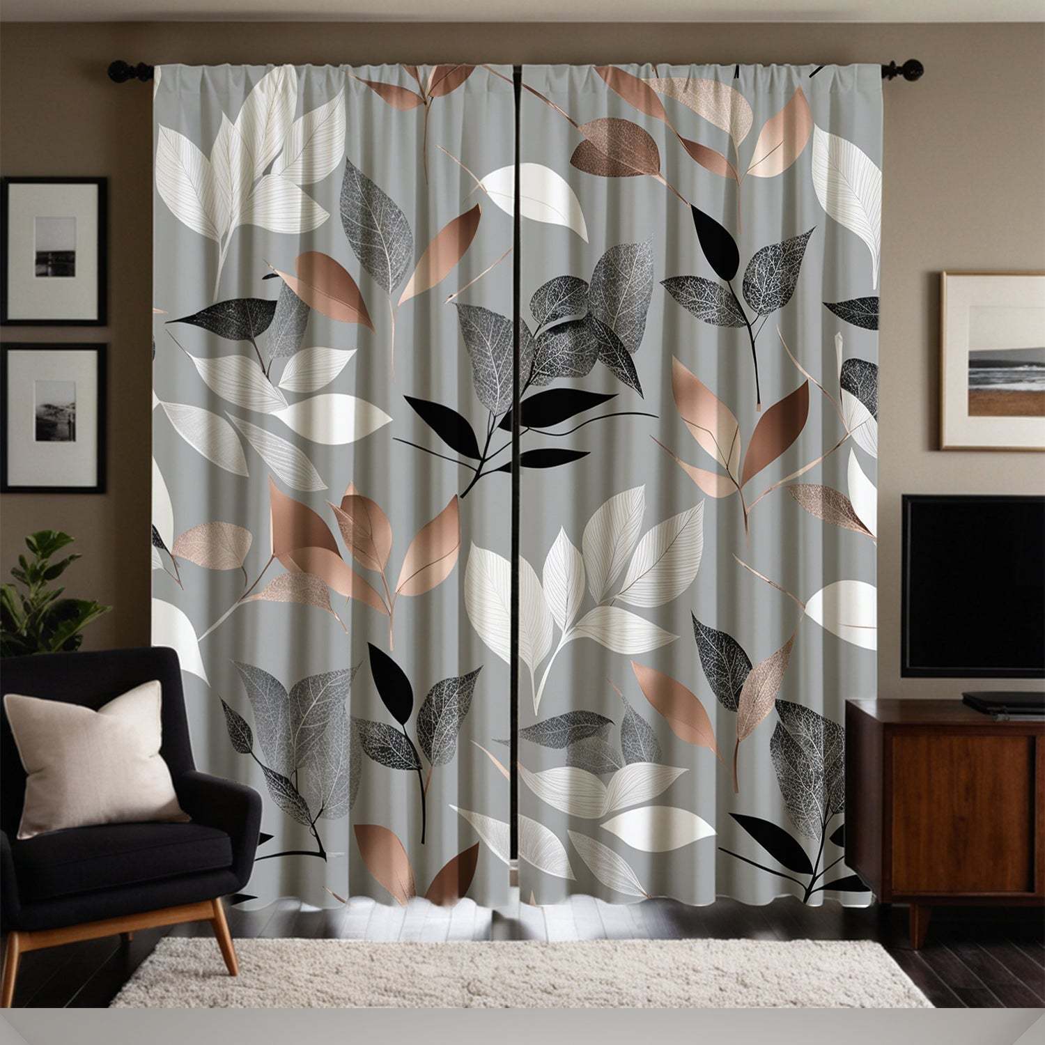 Light Gray Curtains with Colorful Leaf Print, Rod Pocket Design