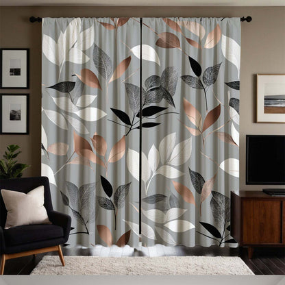 Light Gray Curtains with Colorful Leaf Print, Rod Pocket Design
