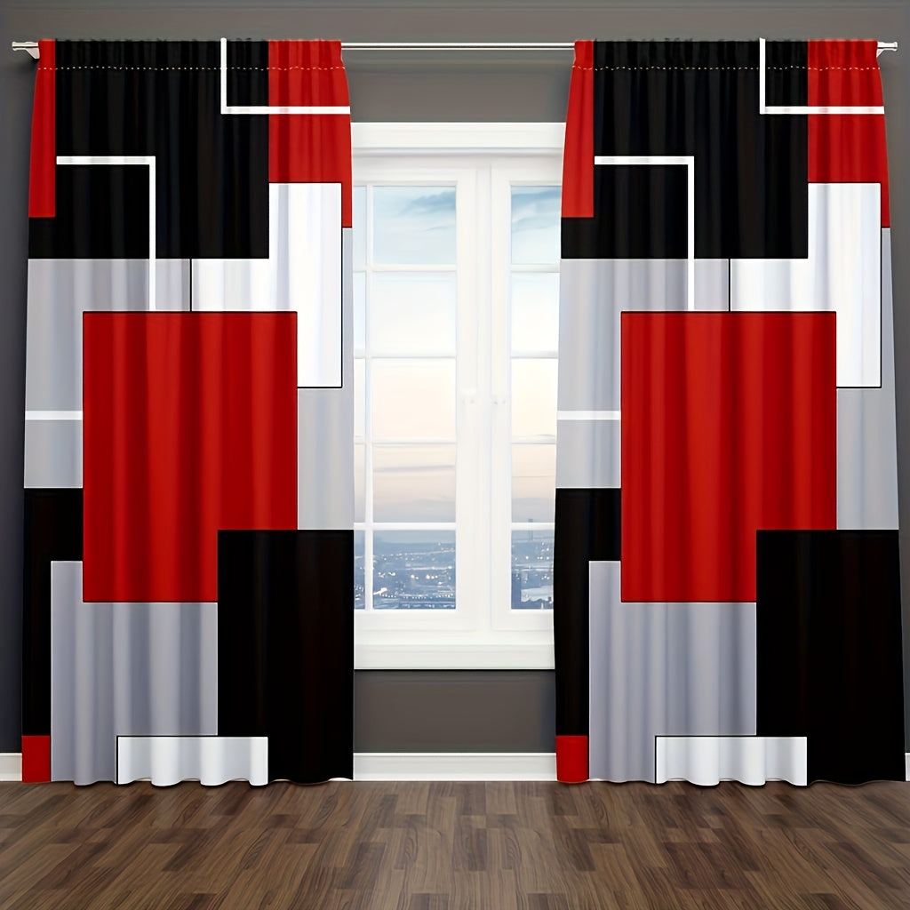 2pcs Modern plaid curtains in red and grey