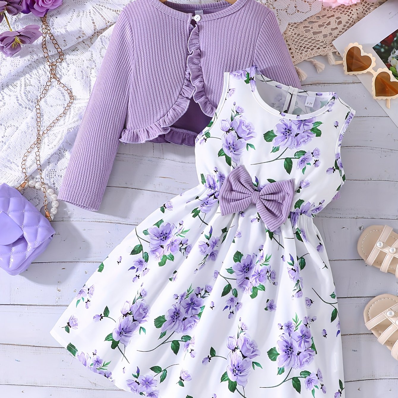 Girl Flower Print Vest Dress and Solid Jacket