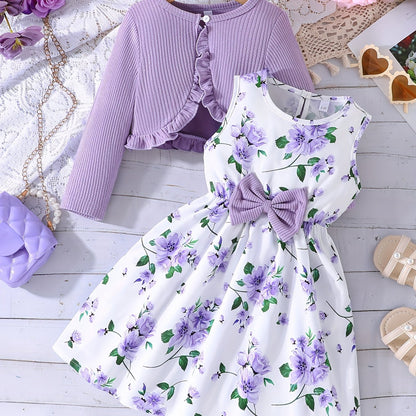 Girl Flower Print Vest Dress and Solid Jacket