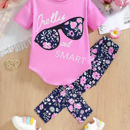 2 pcs Girls Party Outfit - Graphic Tee & Floral Leggings